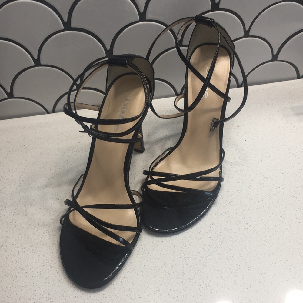 Women’s Black Patented BEBE Strappy Heels Size 10